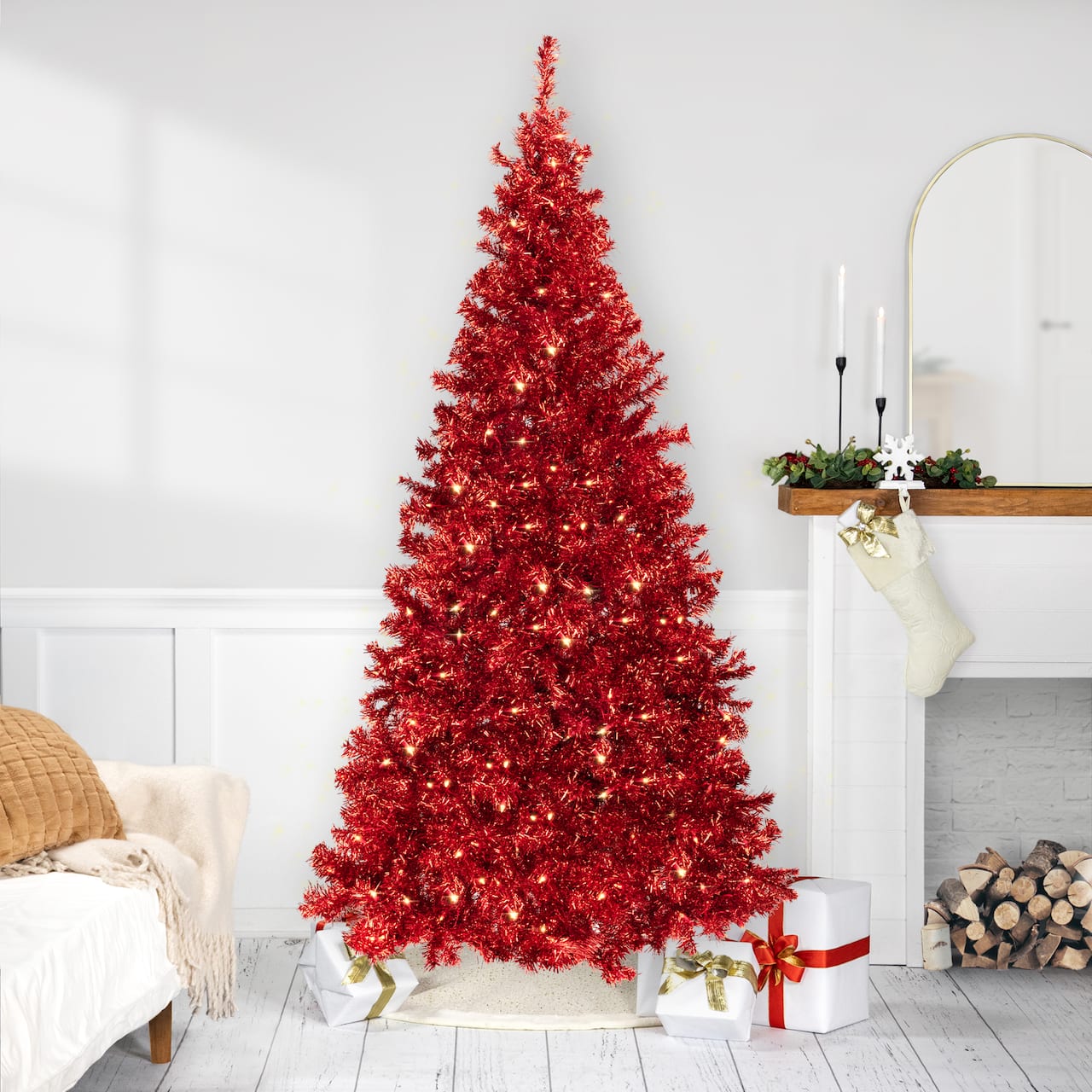 7ft. Pre-Lit Red Artificial Tinsel Christmas Tree, Clear Lights